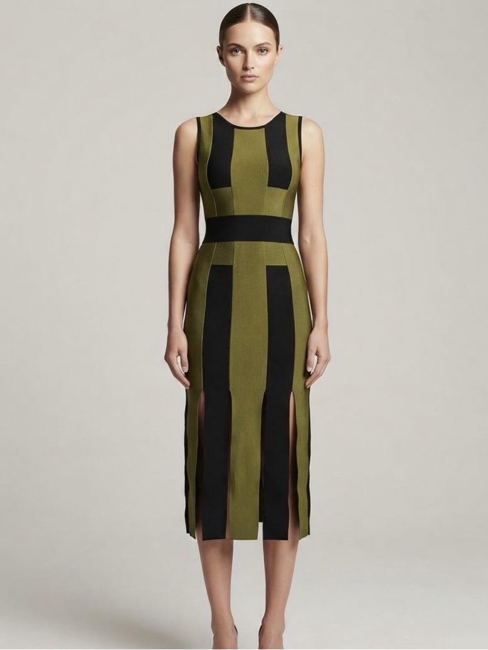David Koma Fall 2017 Runway XS Black Olive Colorblock Bandage Maxi Dress Fringe